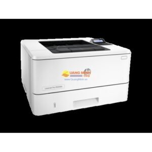 Hình ảnh máy in HP LaserJet Pro M402D màu trắng đen, hiển thị khay giấy và bảng điều khiển phía trước