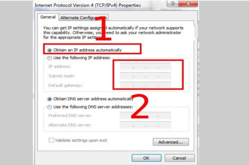 Chọn Obtain an IP address automatically để thiết lập IP tự động