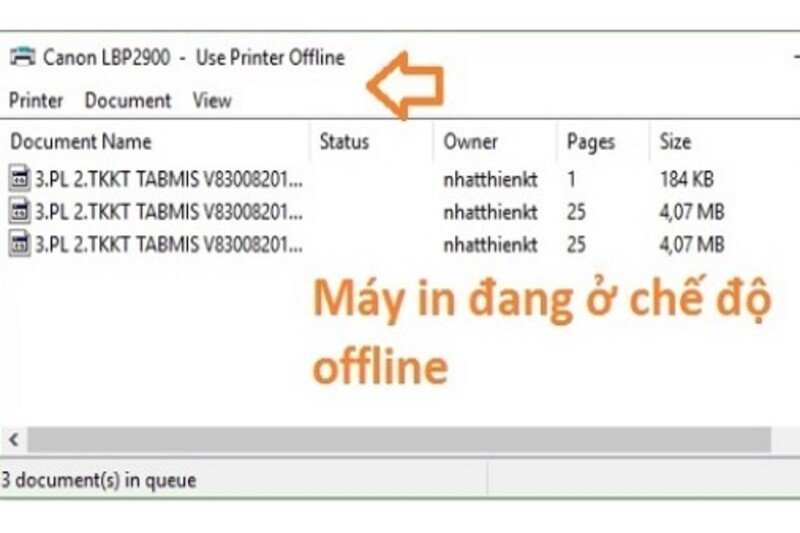 Máy in hiển thị trạng thái đang ở chế độ Offline