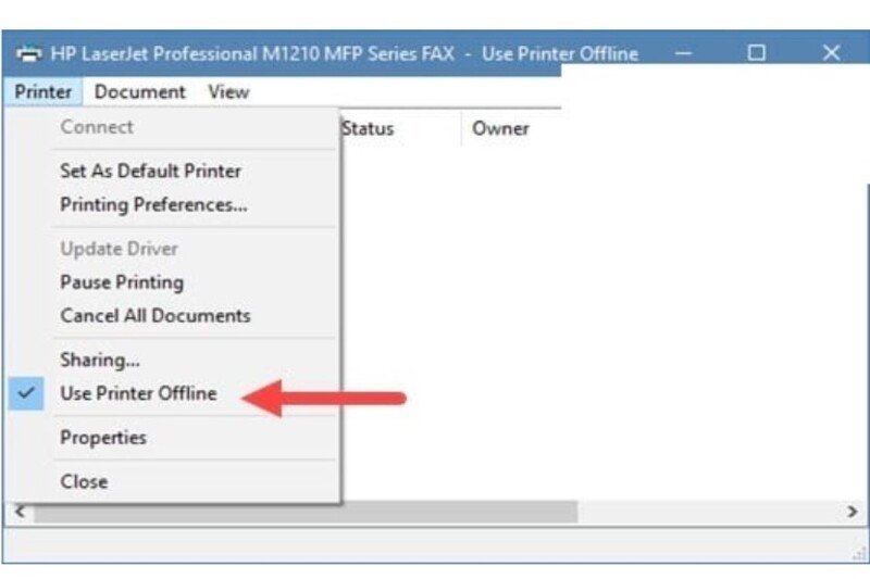 Bỏ chọn mục Use Printer Offline để máy in hoạt động trở lại
