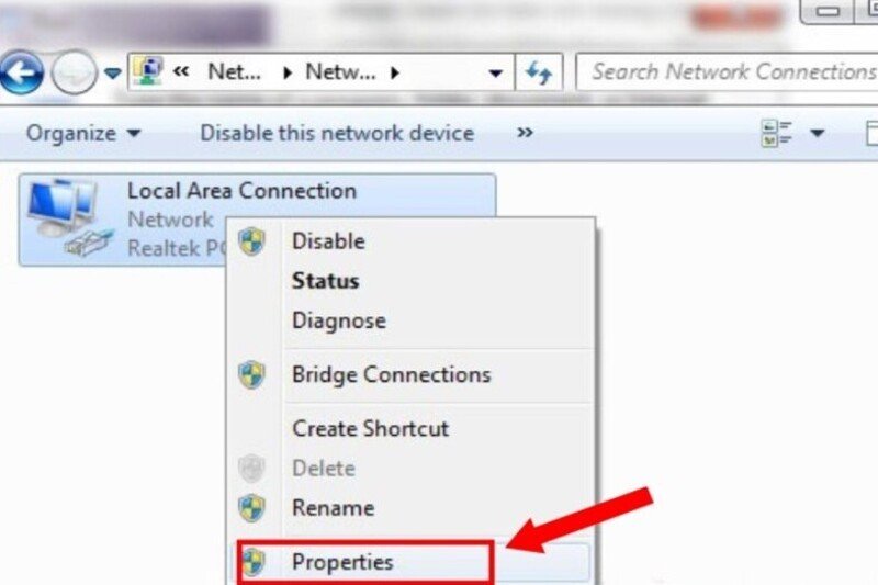 Nhấn chuột phải vào Local Area Connection và chọn Properties