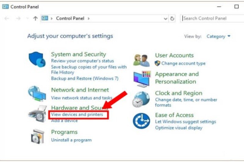 Truy cập mục Devices and Printers trong Control Panel
