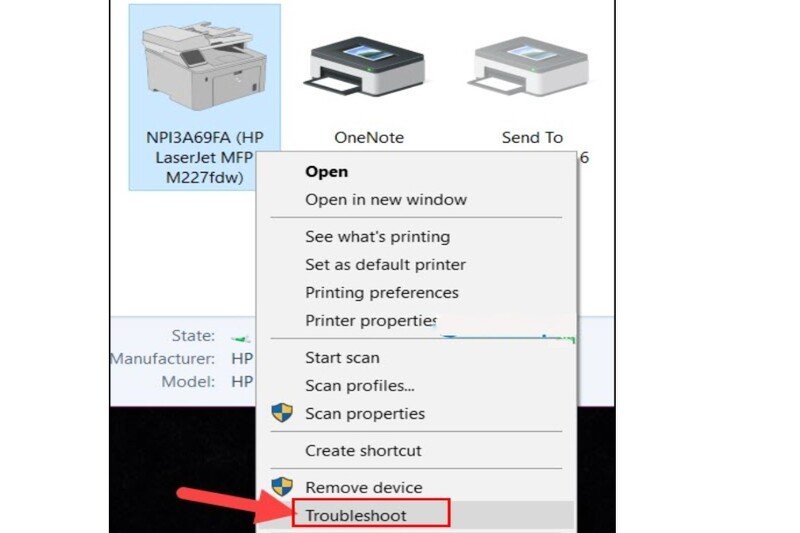 Click chuột phải vào máy in đang gặp lỗi và chọn Troubleshoot
