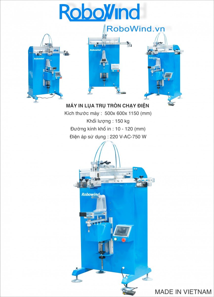 Logo và hình ảnh tổng quan máy in lụa thương hiệu Robowind