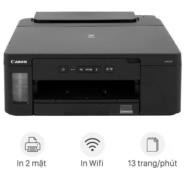 Máy in phun trắng đen Canon PIXMA GM2070 Wifi với khả năng in 2 mặt và tùy chọn in màu.