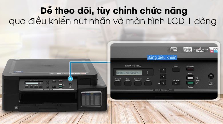 Cận cảnh bảng điều khiển nút nhấn và màn hình LCD trên máy in Brother DCP-T510W