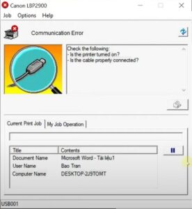 Minh họa lỗi cáp máy in Canon 2900 báo lỗi Communication Error