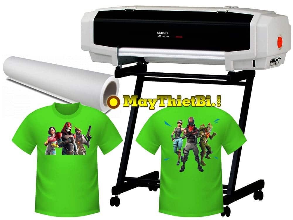 Máy in decal áo thun Mutoh VJ-628 khổ nhỏ đang vận hành in decal chuyển nhiệt chất lượng cao