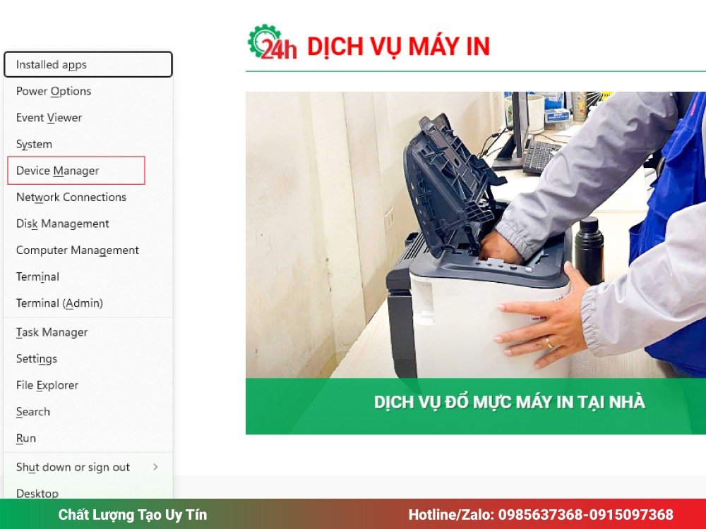Truy cập Device Manager từ menu Windows X để gỡ driver máy in