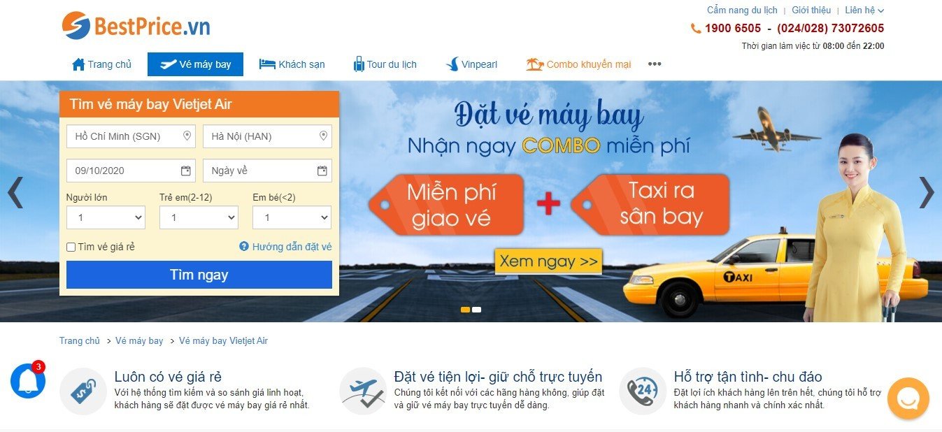 Giao diện đặt vé máy bay Vietjet Air trực tuyến tiện lợi