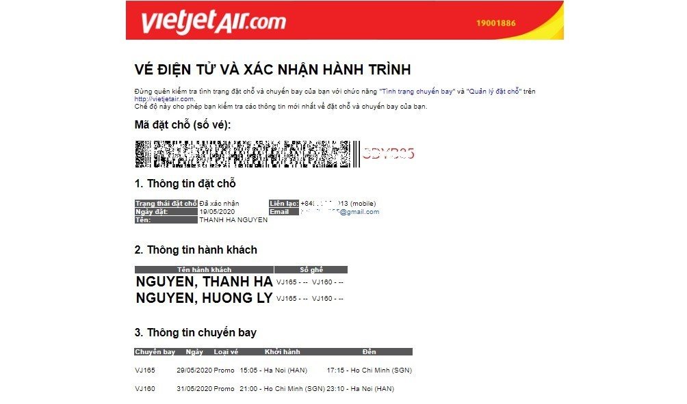 Mẫu vé máy bay điện tử Vietjet Air với đầy đủ thông tin hành trình