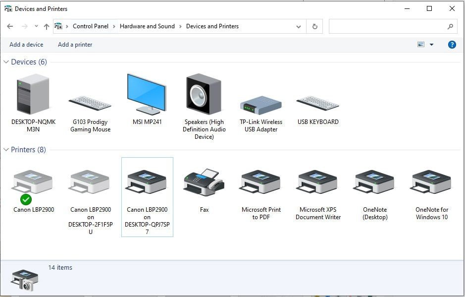 Cửa sổ Devices and Printers hiển thị danh sách các máy in đã cài đặt