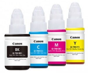 Bộ 4 bình mực Canon GI-790 chính hãng cho máy in G3000 với các màu đen, xanh, đỏ, vàng