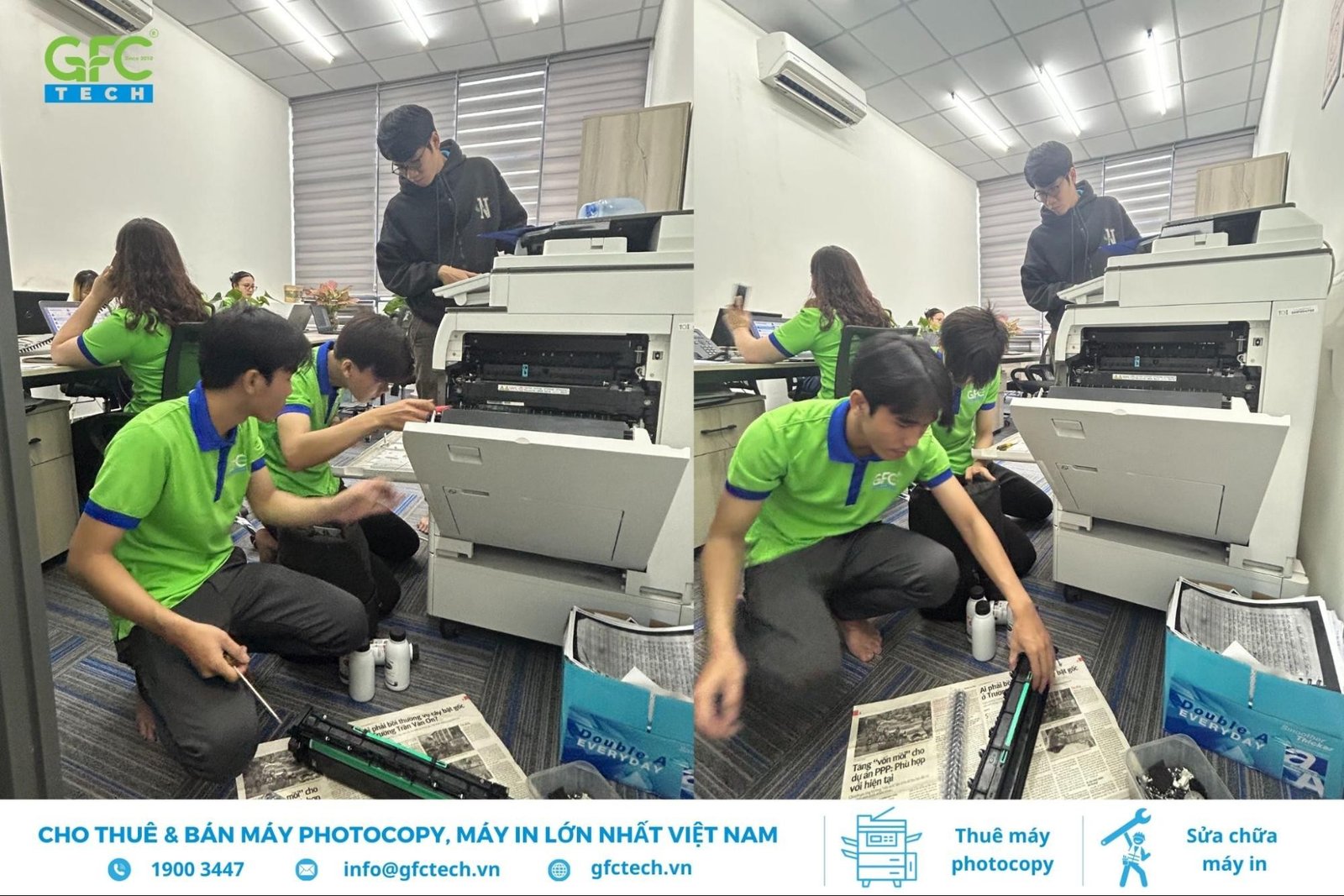 Hình ảnh cận cảnh kỹ thuật viên đang thực hiện công đoạn vệ sinh hộp mực máy in một cách tỉ mỉ trước khi nạp mực mới