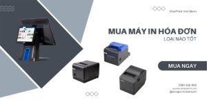 Máy in hóa đơn nhiệt hiện đại đặt trên bàn, phù hợp cho cửa hàng