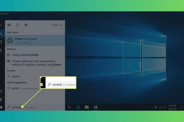Thanh tìm kiếm Windows, nhập 'Printers & Scanners' để tìm cài đặt máy in
