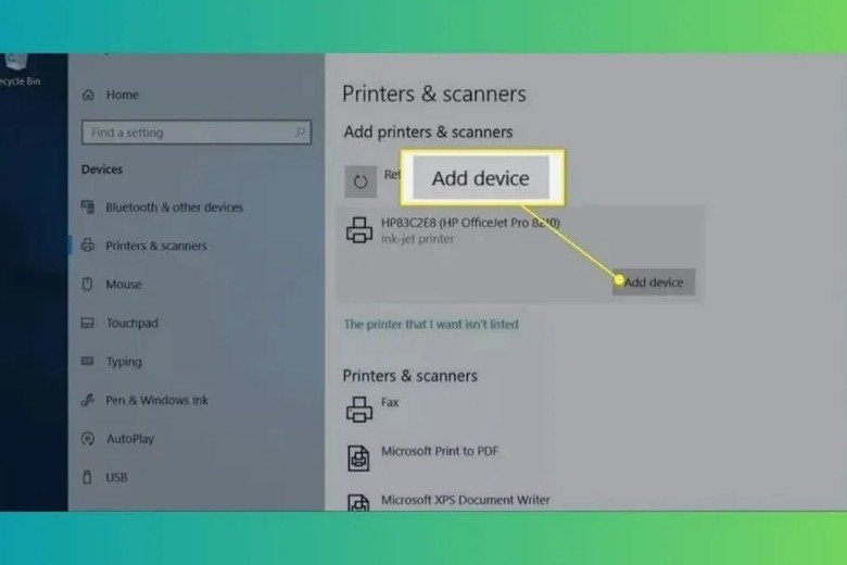 Nhấn 'Add device' để thêm máy in đã tìm thấy