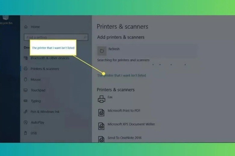 Menu thêm máy in, chọn 'The printer that I want isn’t listed' khi không thấy máy in