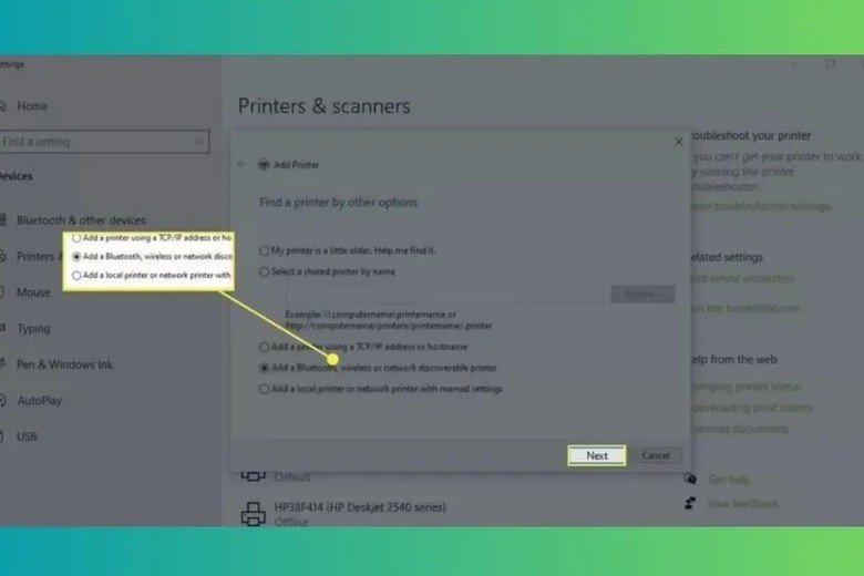 Chọn tùy chọn thêm máy in mạng không dây hoặc Bluetooth