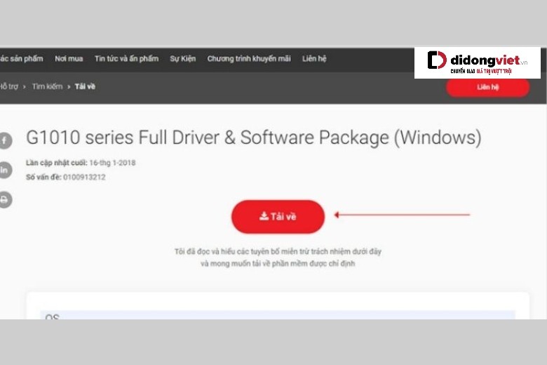 Vị trí nút Tải về (Download) driver máy in trên website