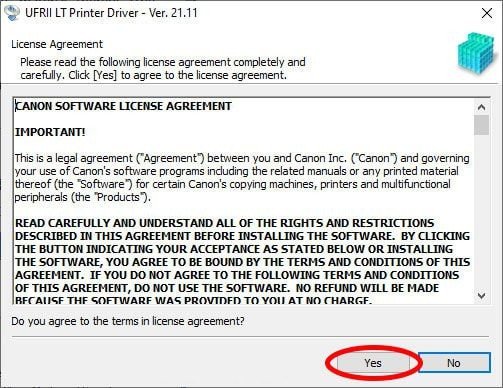 Xác nhận tiếp tục quá trình cài đặt kết nối không dây cho Canon LBP6030W