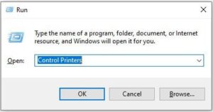 Mở hộp thoại Run và nhập Control Printers để truy cập cài đặt máy in Canon
