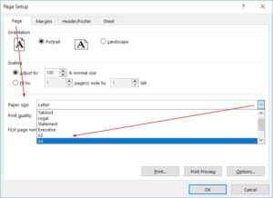 Chọn khổ giấy A4 trong cài đặt Page Setup Excel