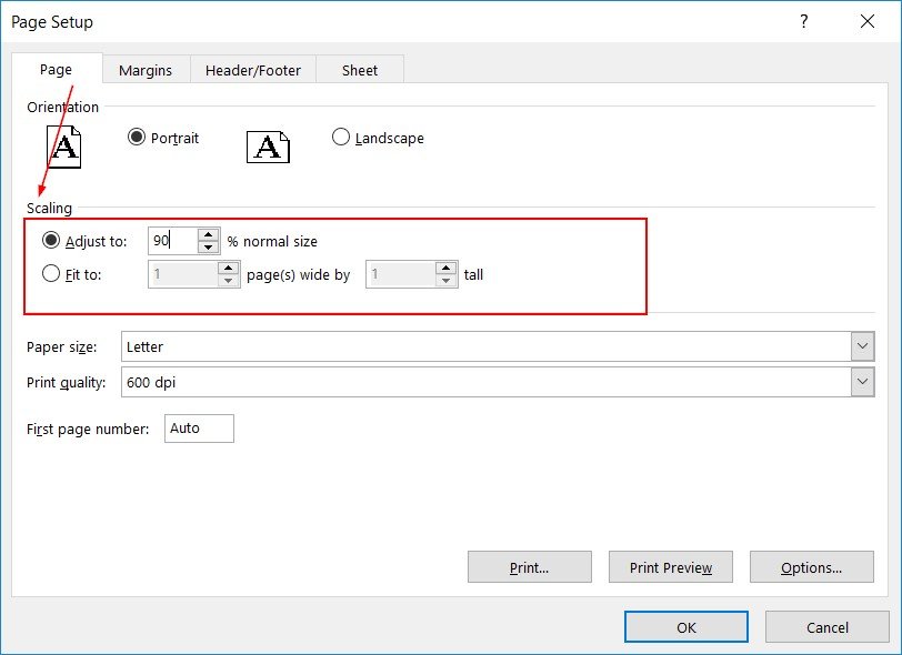 Tùy chọn Scaling Fit to để in vừa trang A4 trong Excel