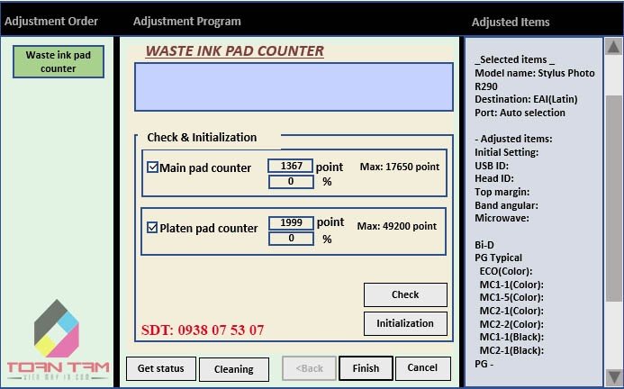 Lựa chọn các mục cần reset trong phần mềm cho máy in Epson L1800