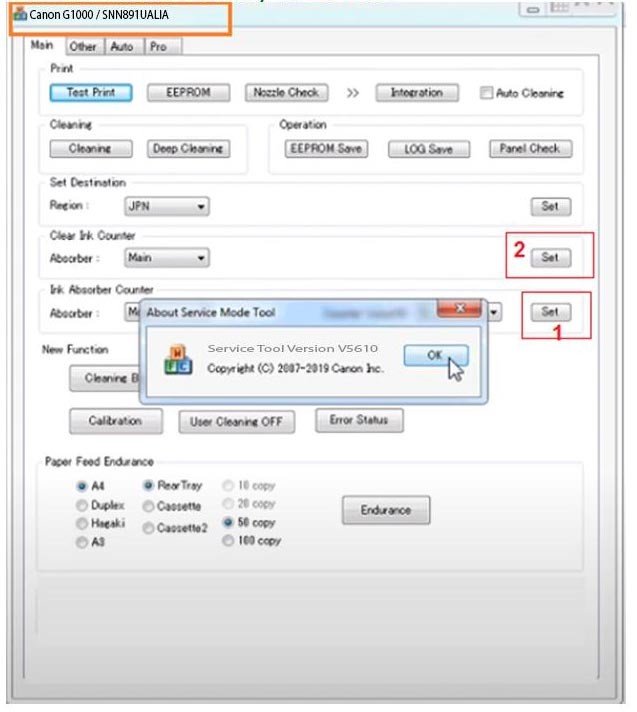 Chọn mục Ink Absorber Counter và Clear Ink Counter trong Service Tool