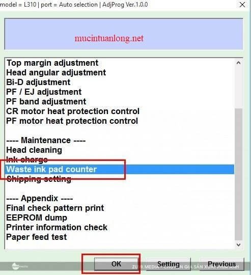 Chọn chức năng Waste ink pad counter trong phần mềm reset Epson