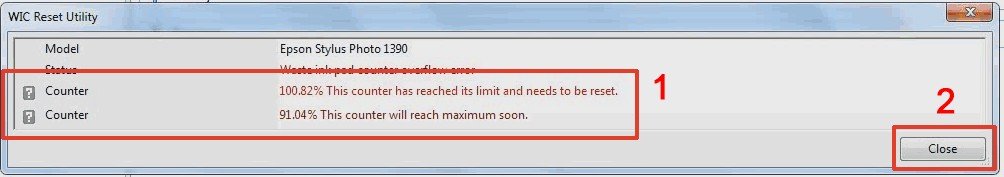 Kiểm tra bộ đếm mực thải máy in Epson L800 bằng WIC Reset Utility đã vượt 100%.
