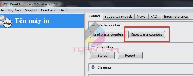 Nhập key và thực hiện reset bộ đếm mực thải bằng WIC Reset Utility cho Epson