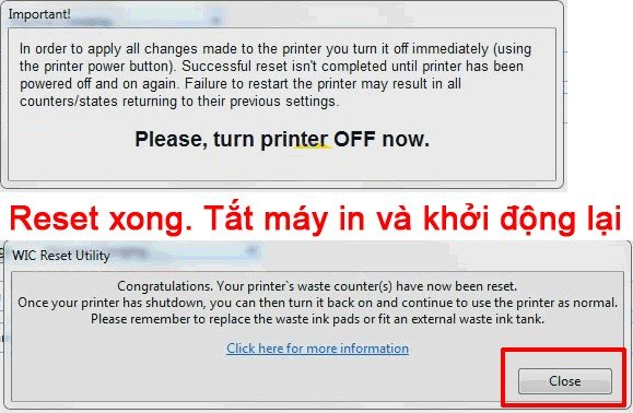 Thông báo reset thành công máy in Epson L800 bằng WIC Reset.