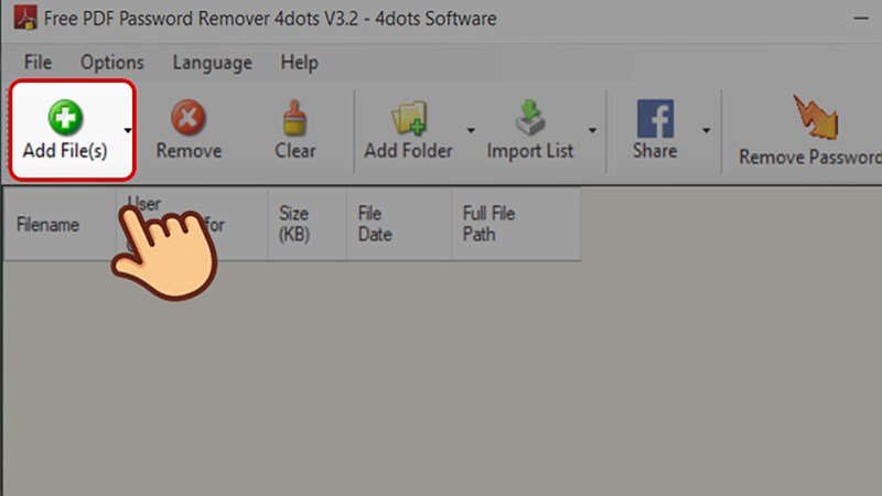 Giao diện phần mềm Free PDF Password Remover với nút Add File để thêm file PDF cần mở khóa