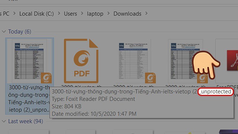 Thư mục chứa file PDF đã được mở khóa thành công với hậu tố _unprotected