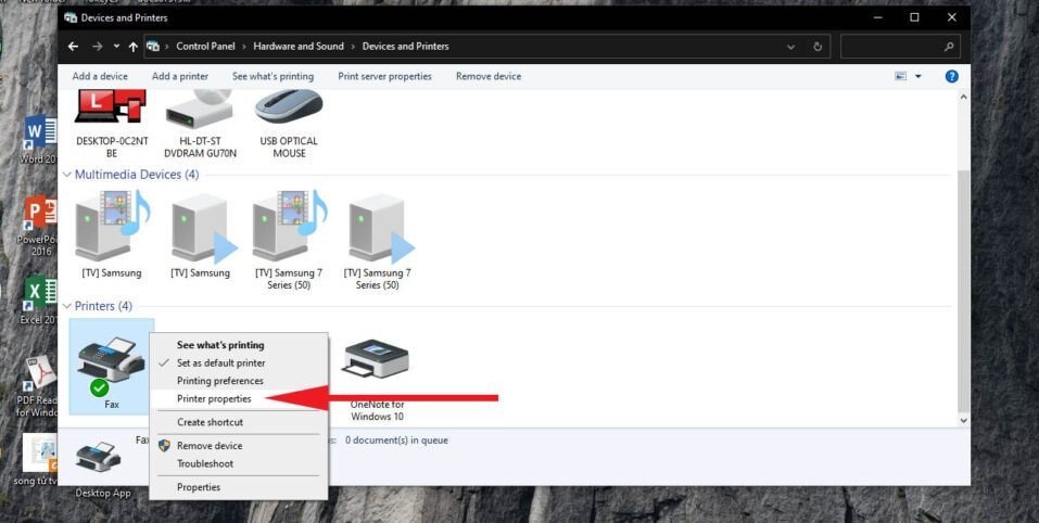 Chọn Printer Properties để cấu hình máy in