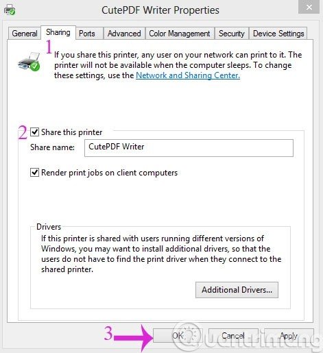 đánh dấu share this printer để chia sẻ máy in trong mạng lan