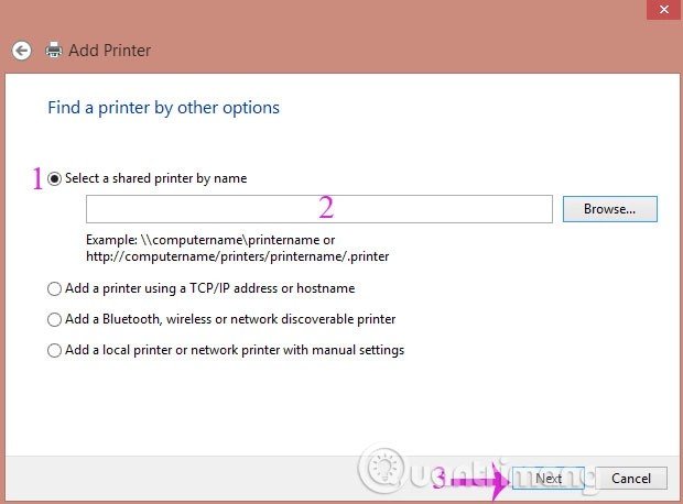 nhập tên máy in chia sẻ để kết nối từ máy tính con