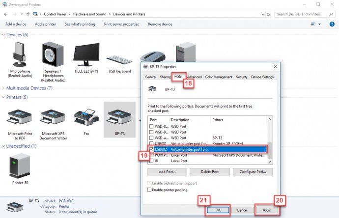 Kiểm tra và chọn đúng cổng USB cho máy in trong Printer Properties