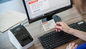 máy in nhãn brother ql-800 nhỏ gọn đặt trên bàn làm việc, sẵn sàng cho tác vụ in ấn