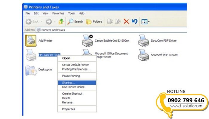 Chọn tùy chọn Sharing để chia sẻ máy in đã chọn trong mạng