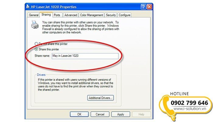 Đặt Share name cho máy in trong tab Sharing của Printer Properties