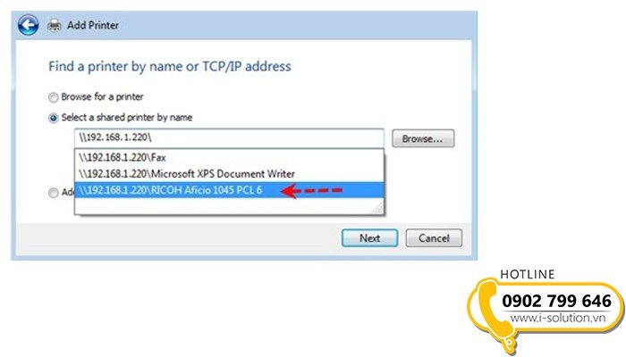 Nhập tên máy in chia sẻ để kết nối thủ công từ máy trạm