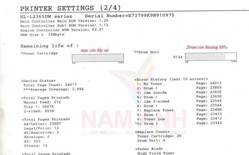 Xem lượng mực còn lại và tuổi thọ trống trên trang trạng thái máy in Brother