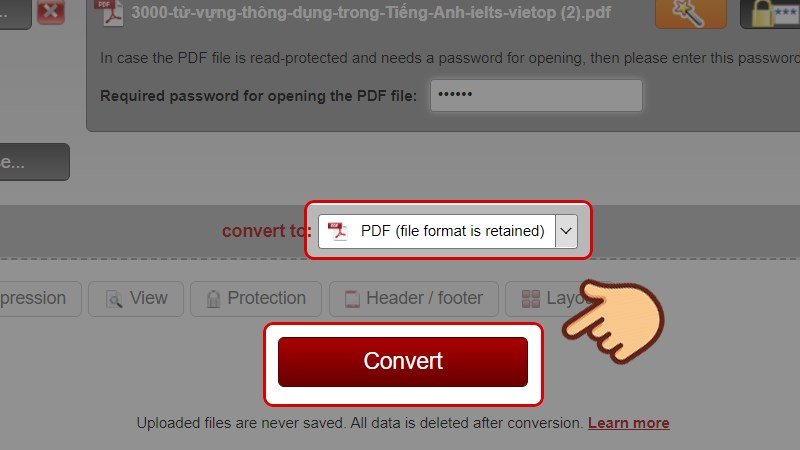Nhập mật khẩu file PDF và chọn Convert trên Online2PDF