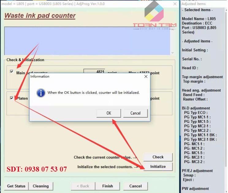Các bước tick chọn và Initialization trong phần mềm reset Epson L805