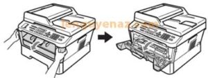 Hướng dẫn mở nắp máy in Brother MFC 7360 để bắt đầu quy trình reset mực