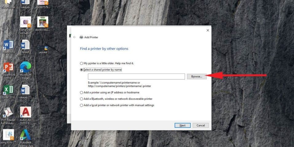 Chọn tìm máy in đã chia sẻ theo tên