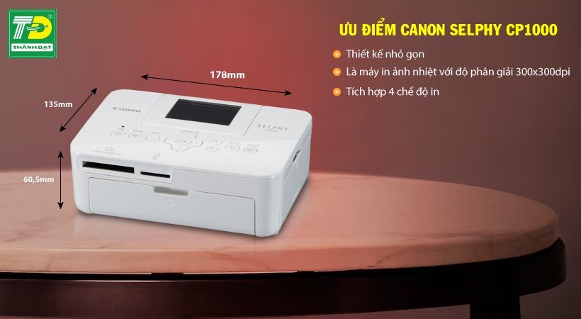 Máy in ảnh Canon CP1000 màu trắng với thiết kế nhỏ gọn, hiện đại, lý tưởng để in ảnh di động.